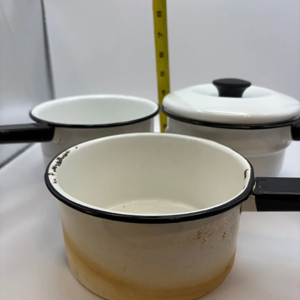 Vintage White Enamelware Double Boiler Saucepan Mug Black Trim Farmhouse 5 Piece